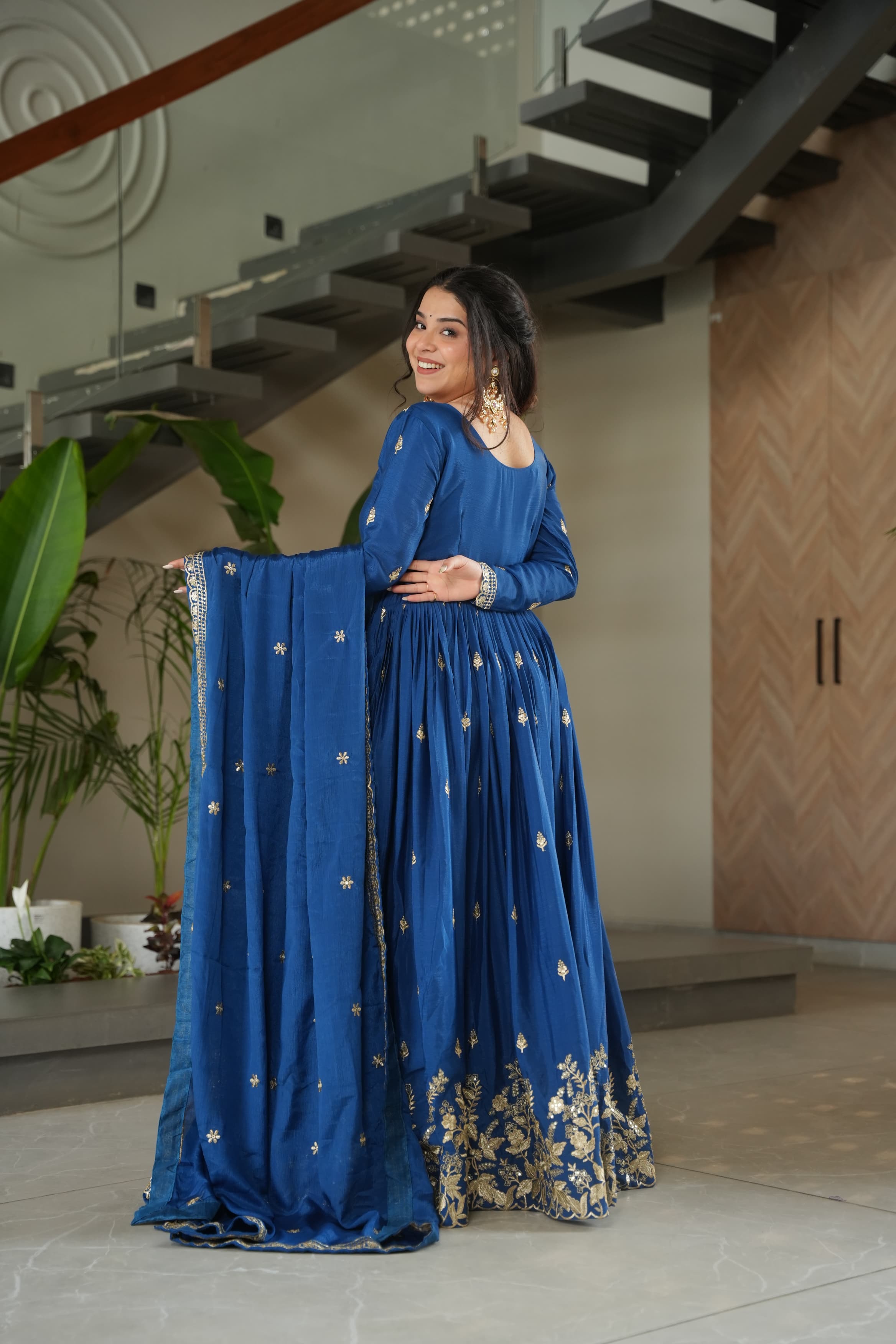 Prazu Fashion Blue Chinon Silk Embroidered Zari Gown With Dupatta