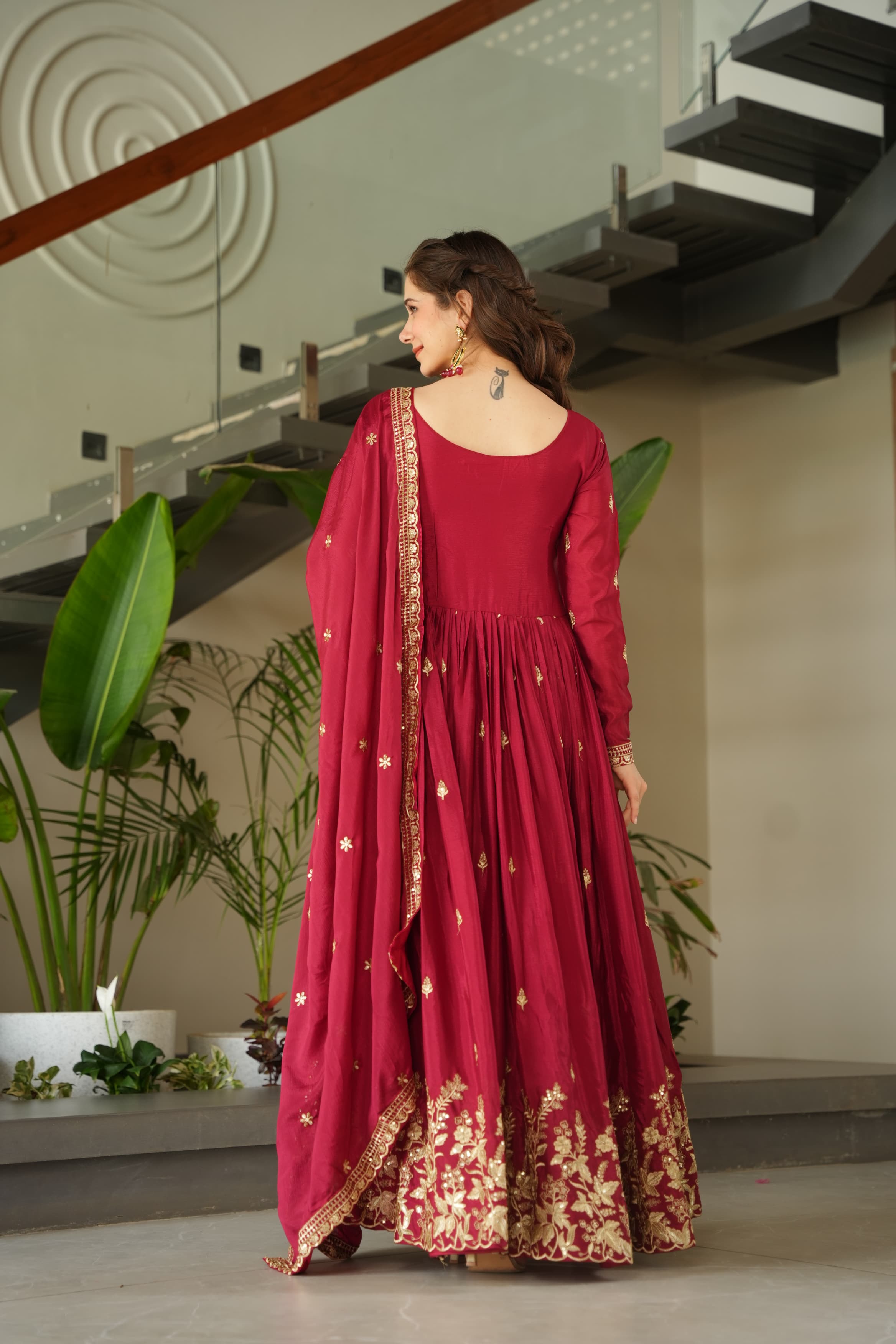 Prazu Fashion Maroon Chinon Silk Embroidered Zari Gown With Dupatta