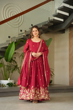 Thumbnail for Prazu Fashion Red Chinnon With Embroidery Zari Sequins Work Gown