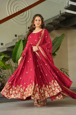 Thumbnail for Prazu Fashion Red Chinnon With Embroidery Zari Sequins Work Gown