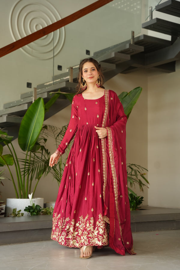 Prazu Fashion Red Chinnon With Embroidery Zari Sequins Work Gown