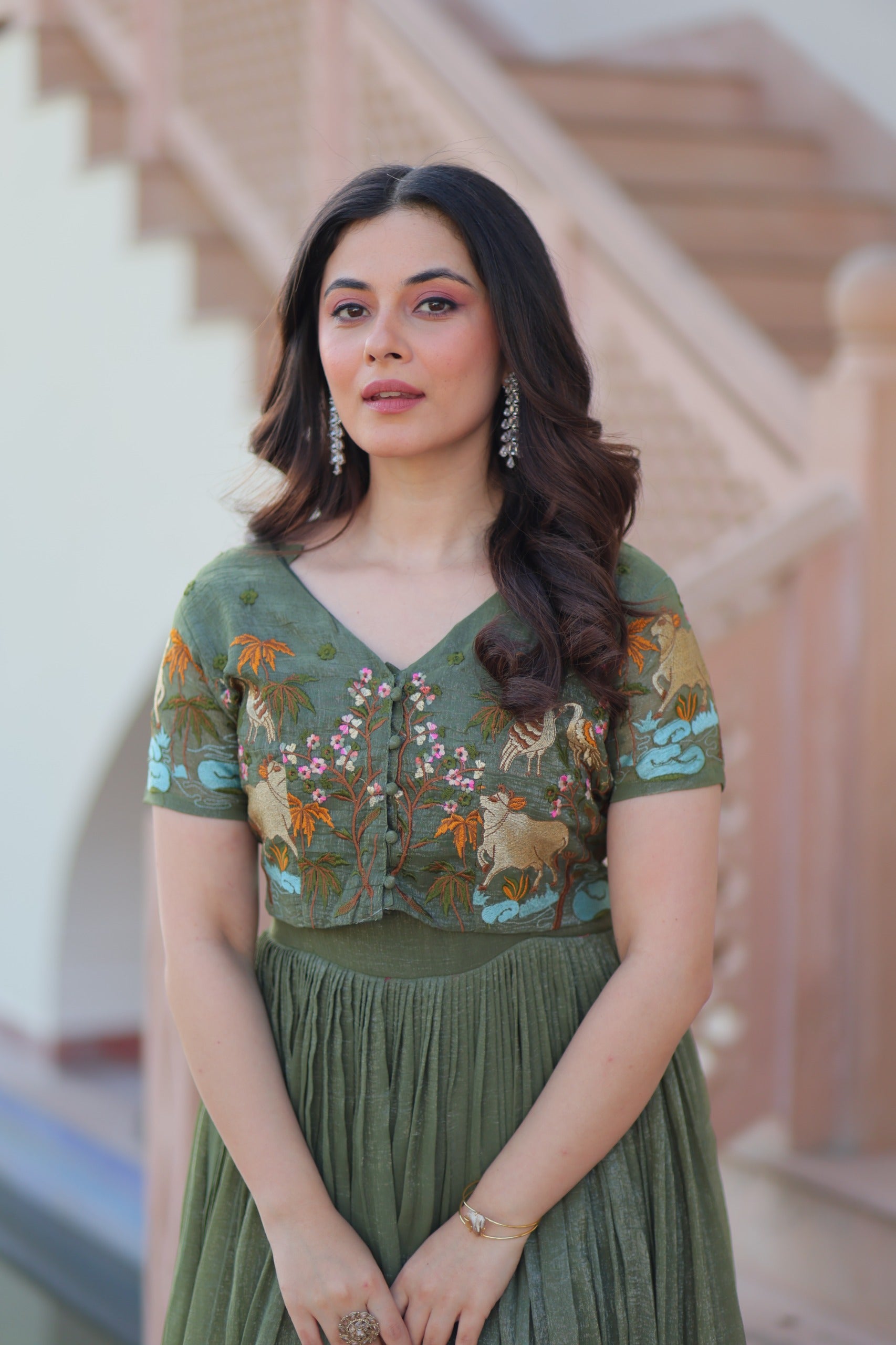 Prazu Fashion Mahendi Silver Crunchy Fabric Embroidered Gown With Koti