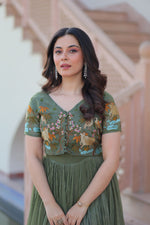 Thumbnail for Prazu Fashion Mahendi Silver Crunchy Fabric Embroidered Gown With Koti