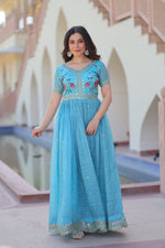 Thumbnail for Prazu Fashion Sky Blue Gold Crush With Multi Thread Embroidery Gown