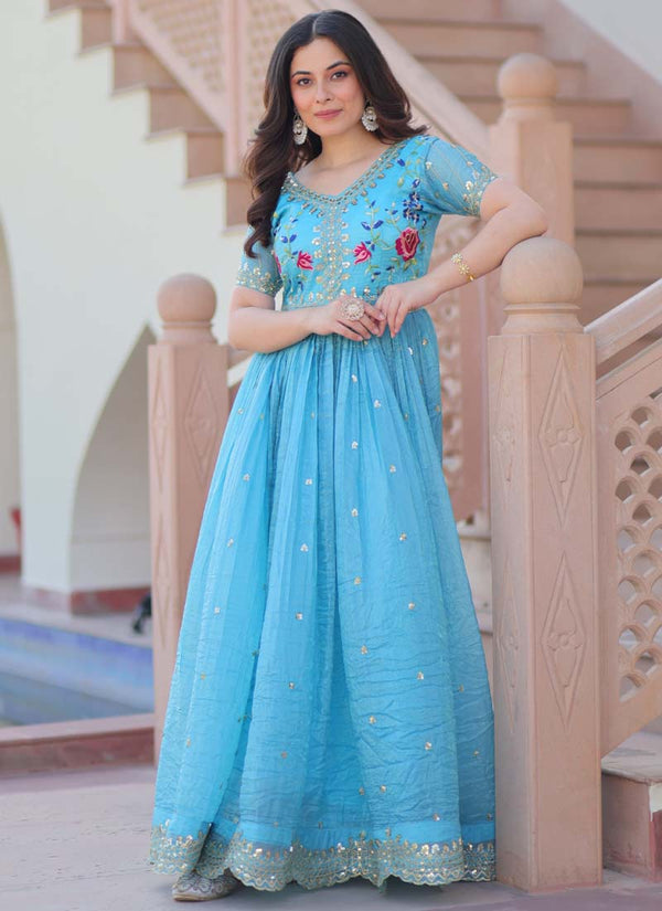 Prazu Fashion Sky Blue Silk Embroidered Designer Gown