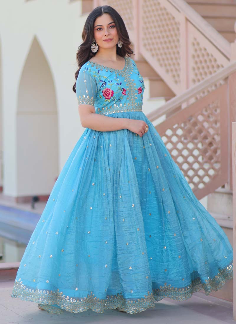 Prazu Fashion Sky Blue Silk Embroidered Designer Gown