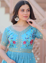 Thumbnail for Prazu Fashion Sky Blue Silk Embroidered Designer Gown