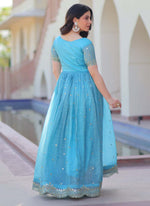 Thumbnail for Prazu Fashion Sky Blue Silk Embroidered Designer Gown