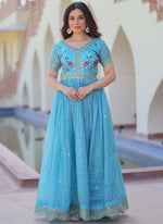 Thumbnail for Prazu Fashion Sky Blue Silk Embroidered Designer Gown