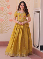 Thumbnail for Prazu Fashion Yellow Silk Embroidered Designer Gown