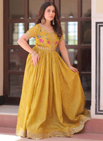 Thumbnail for Prazu Fashion Yellow Silk Embroidered Designer Gown