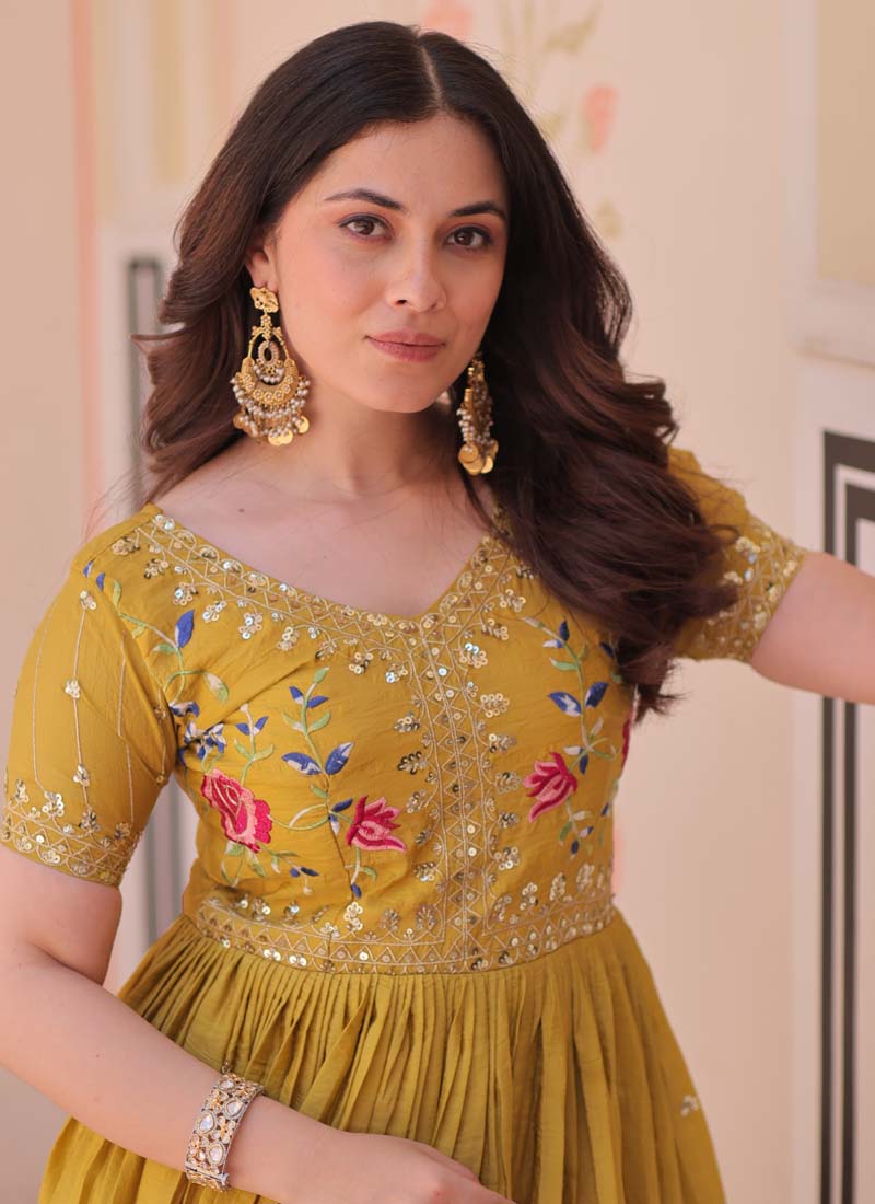 Prazu Fashion Yellow Silk Embroidered Designer Gown