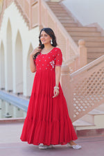 Thumbnail for Prazu Fashion Red Georgette Beads Embroidered Designer Gown