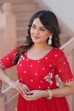Thumbnail for Prazu Fashion Red Georgette Beads Embroidered Designer Gown