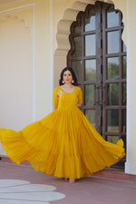 Thumbnail for Prazu Fashion Yellow Georgette Beads Embroidered Designer Gown