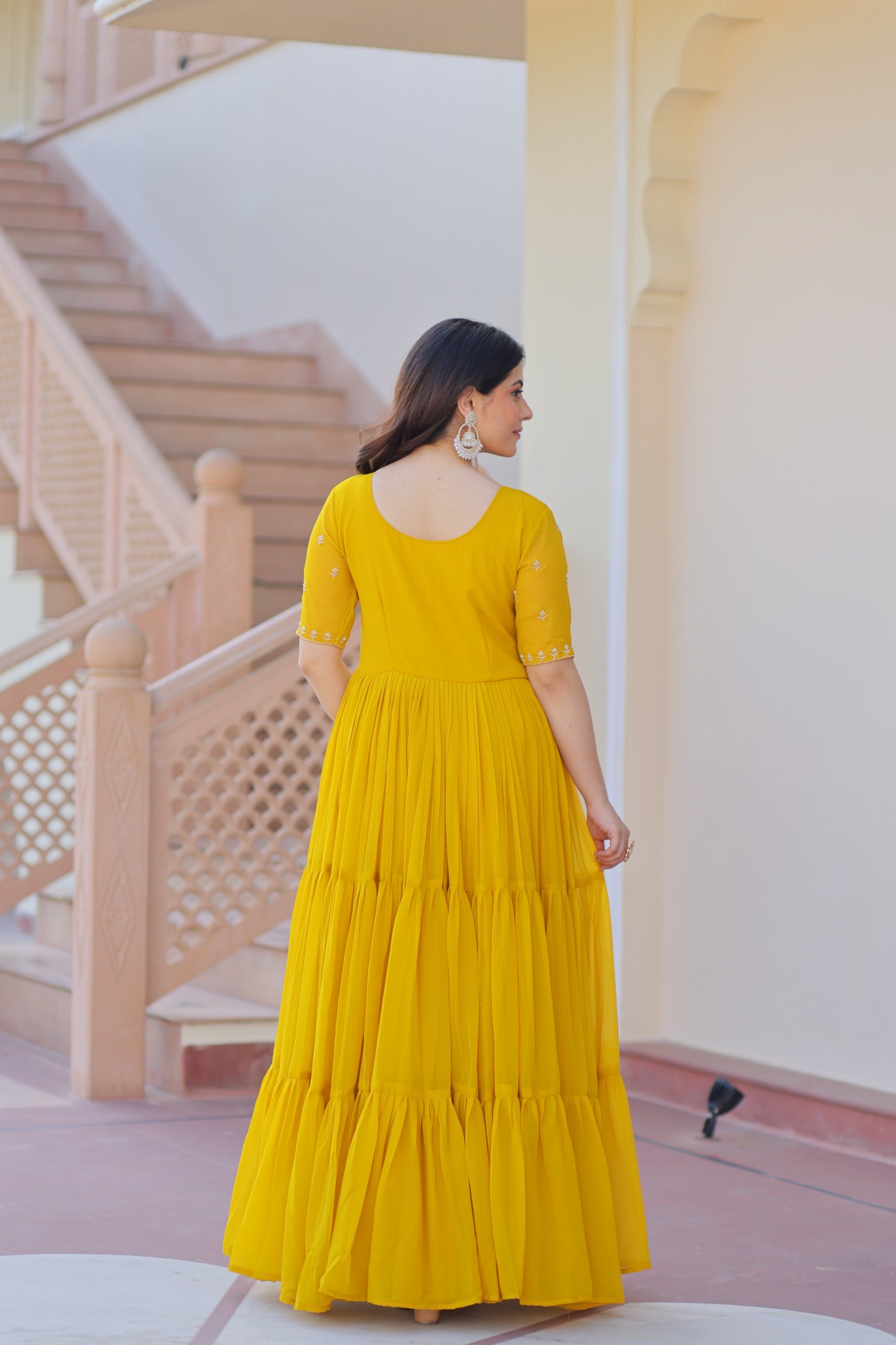 Prazu Fashion Yellow Georgette Beads Embroidered Designer Gown