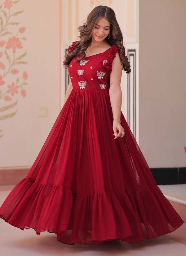 Prazu Fashion Maroon Georgette Embroidered Designer Gown