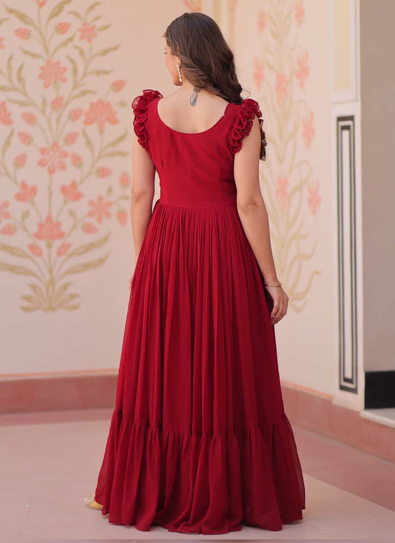 Prazu Fashion Maroon Georgette Embroidered Designer Gown