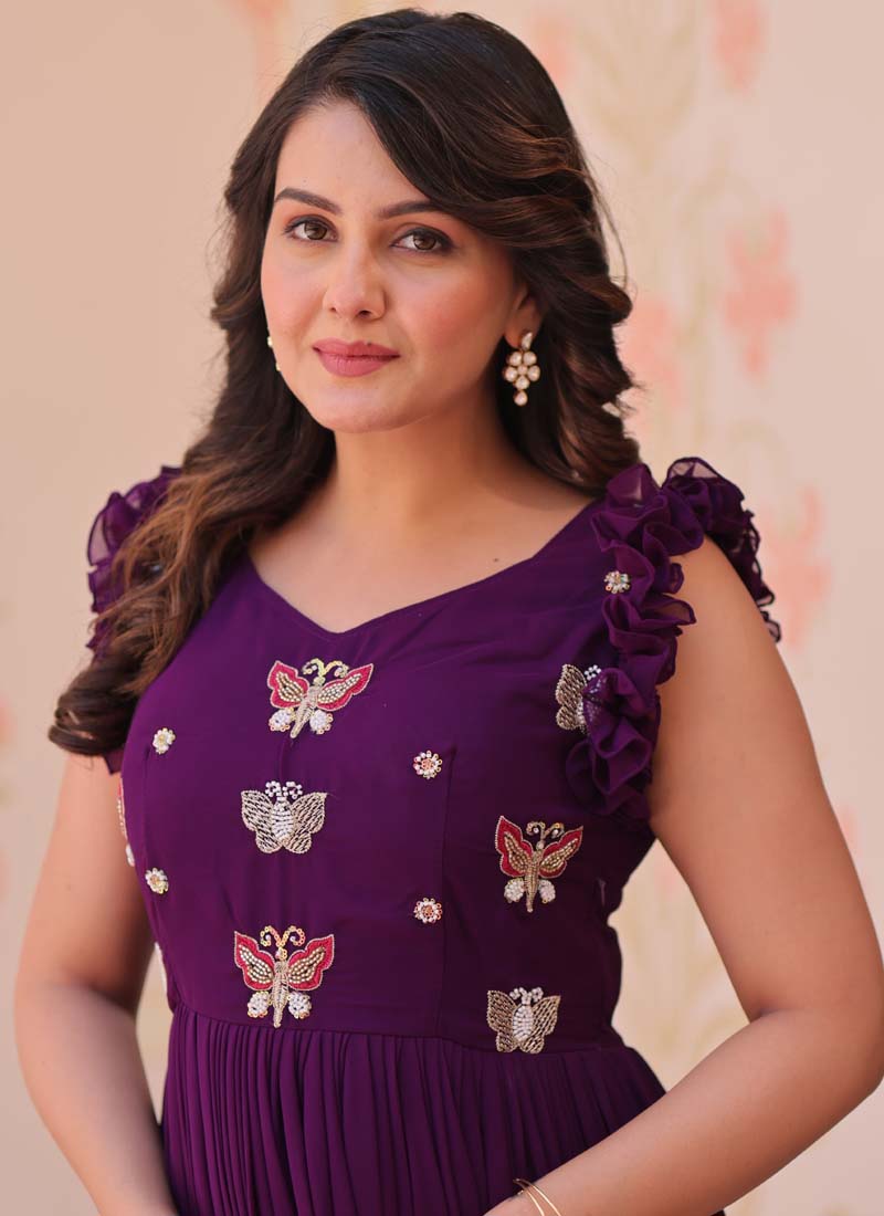 Prazu Fashion Purple Georgette Embroidered Designer Gown