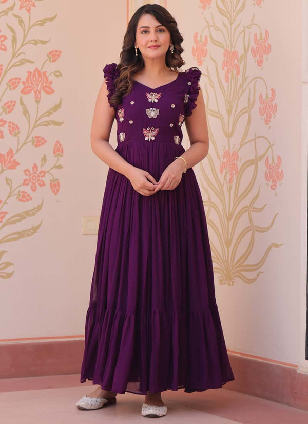 Prazu Fashion Purple Georgette Embroidered Designer Gown