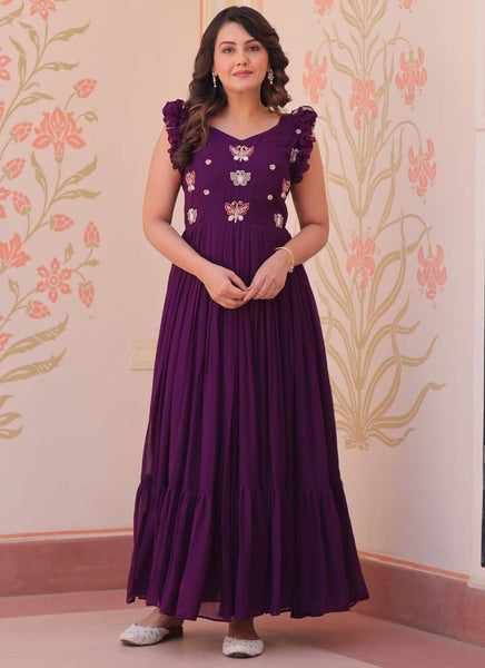 Prazu Fashion Purple Georgette Embroidered Designer Gown