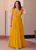 Thumbnail for Prazu Fashion Yellow Georgette Embroidered Designer Gown