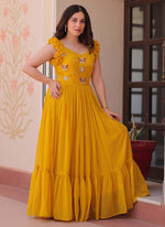 Thumbnail for Prazu Fashion Yellow Georgette Embroidered Designer Gown