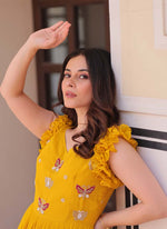 Thumbnail for Prazu Fashion Yellow Georgette Embroidered Designer Gown