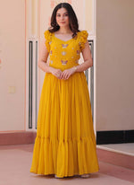 Thumbnail for Prazu Fashion Yellow Georgette Embroidered Designer Gown