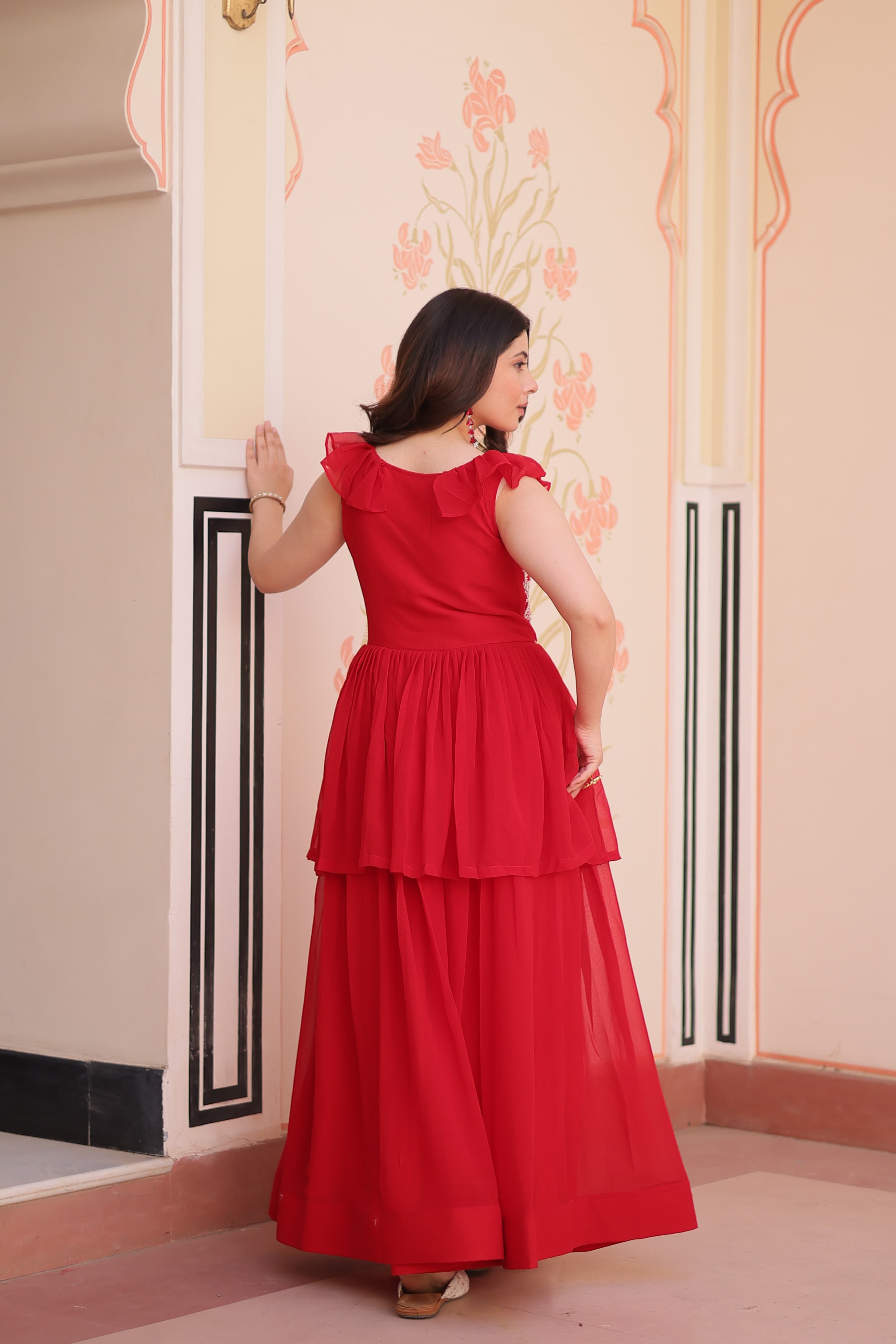 Prazu Fashion Red Georgette Embroidered Designer Gown
