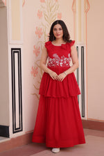 Thumbnail for Prazu Fashion Red Georgette Embroidered Designer Gown