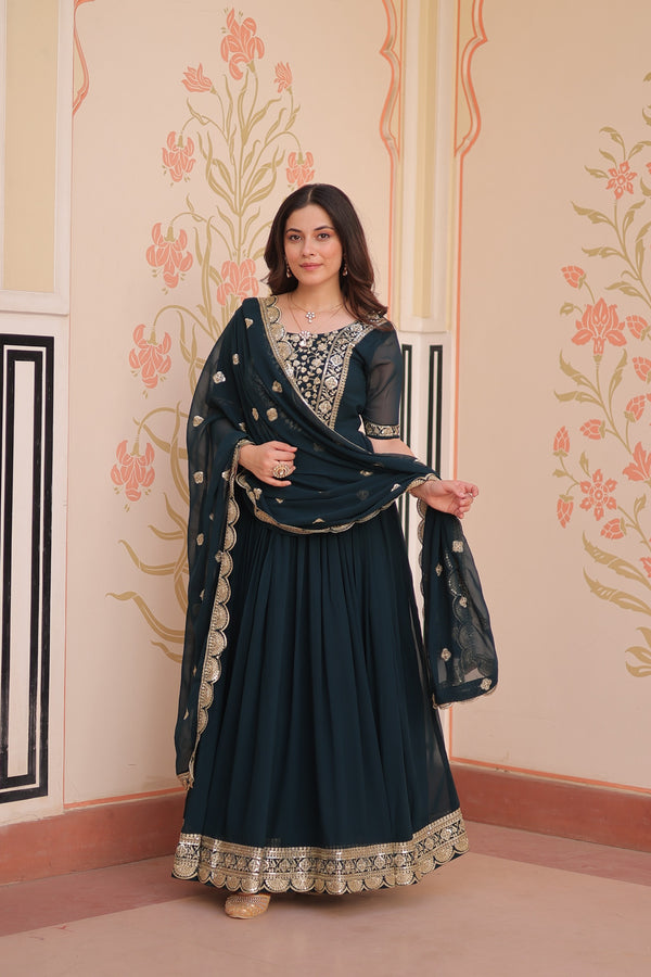 Prazu Fashion Rama Georgette Embroidered Gown With Dupatta