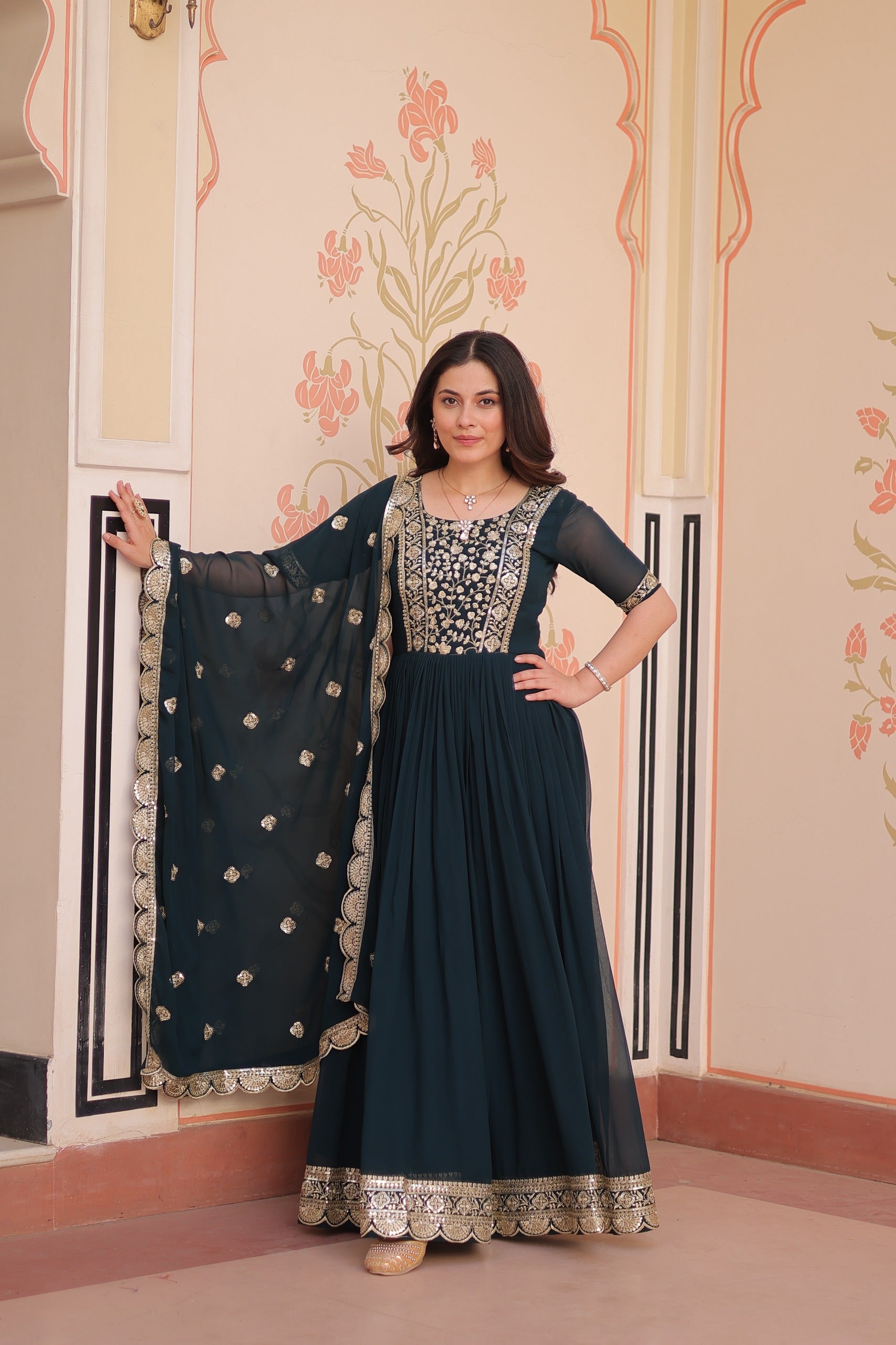 Prazu Fashion Rama Georgette Embroidered Gown With Dupatta