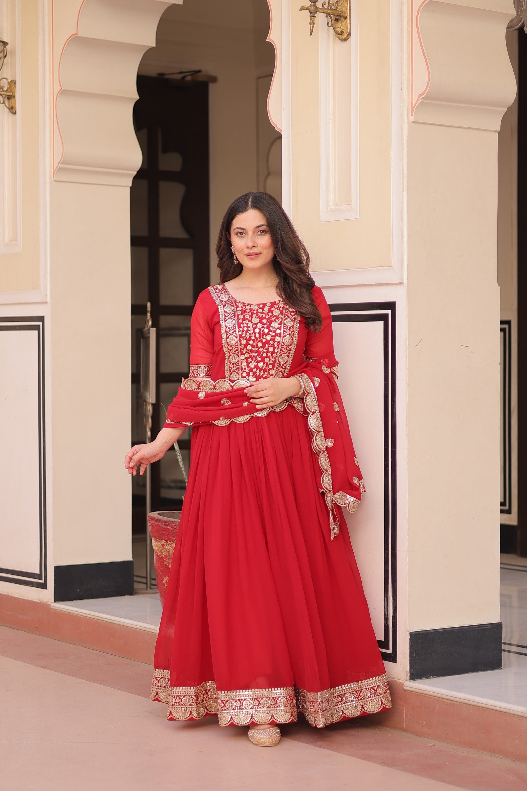 Prazu Fashion Red Georgette Embroidered Gown With Dupatta