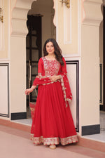Thumbnail for Prazu Fashion Red Georgette Embroidered Gown With Dupatta
