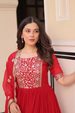 Thumbnail for Prazu Fashion Red Georgette Embroidered Gown With Dupatta