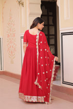 Thumbnail for Prazu Fashion Red Georgette Embroidered Gown With Dupatta