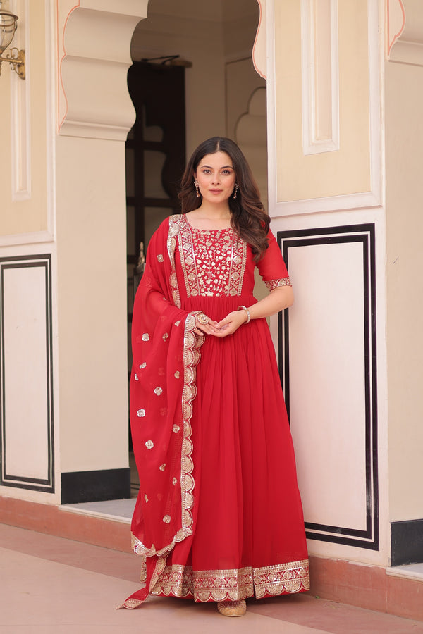 Prazu Fashion Red Georgette Embroidered Gown With Dupatta