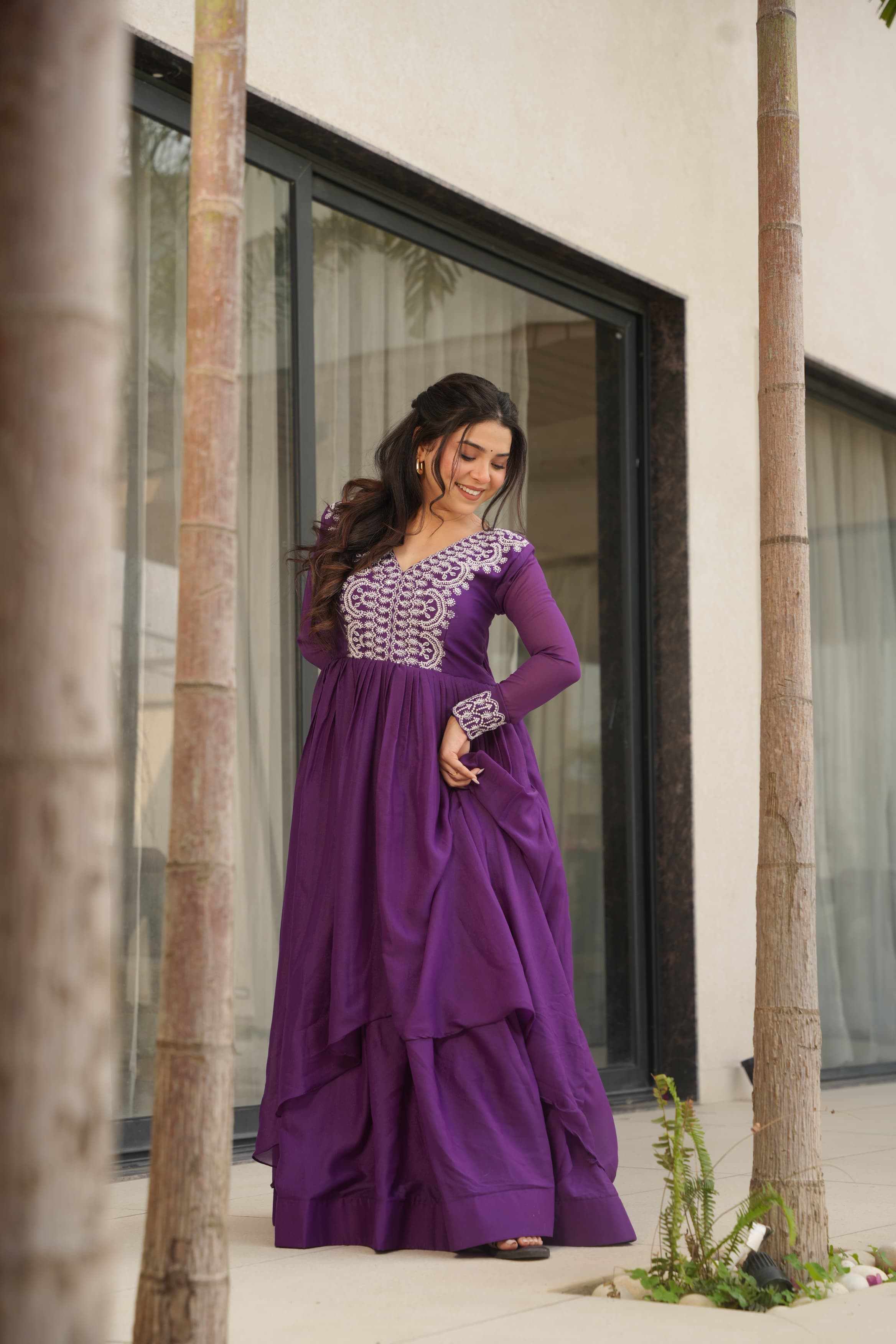 Prazu Fashion Purple Georgette Embroidered Designer Gown