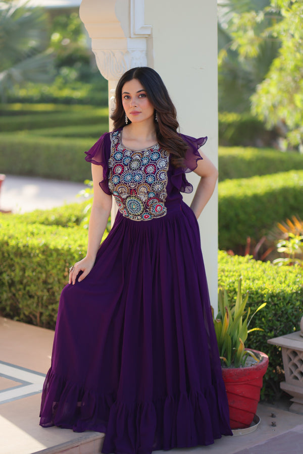 Prazu Fashion Purple Georgette Beads And Sequins Embroidered Gown