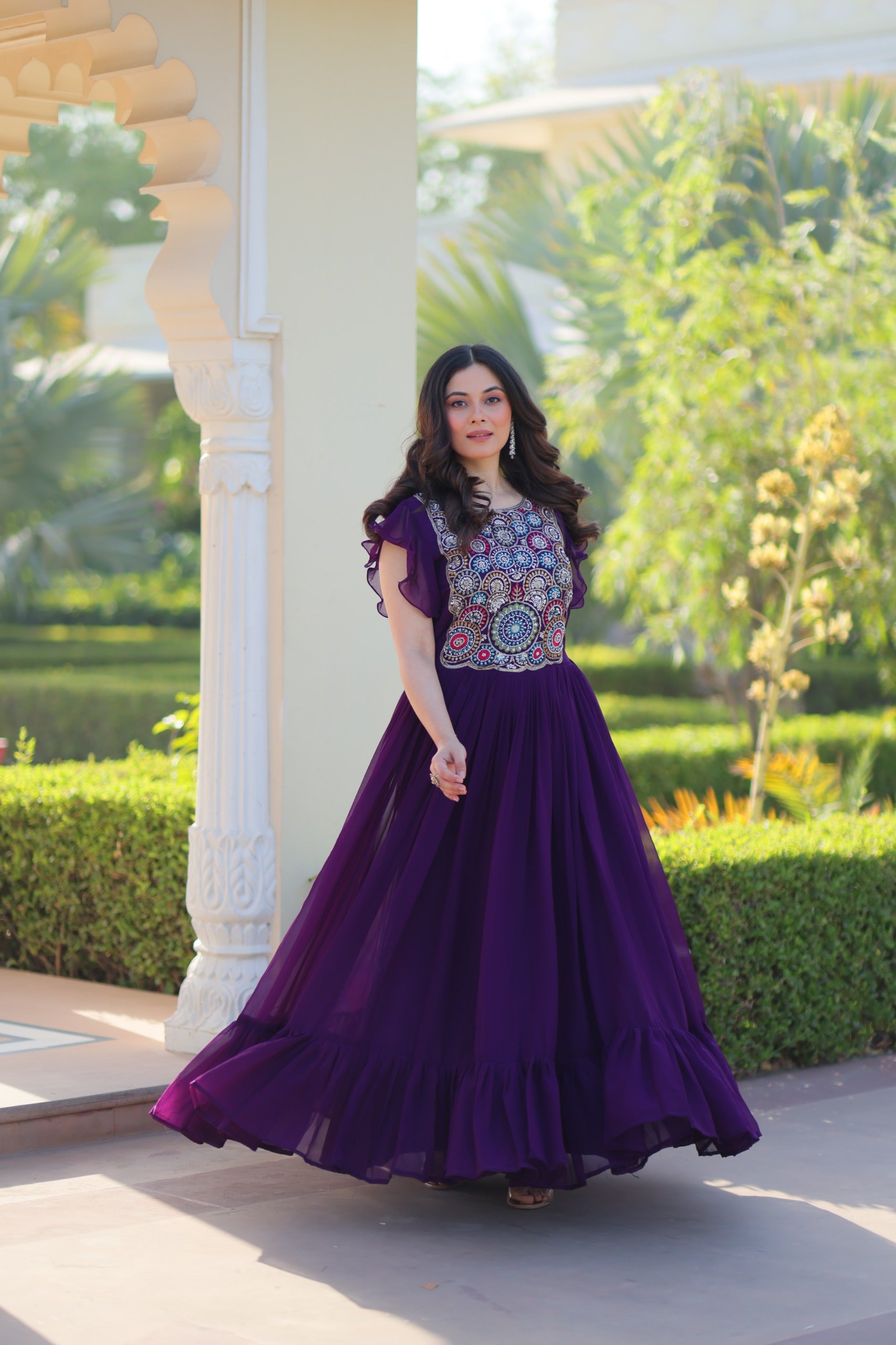 Prazu Fashion Purple Georgette Beads And Sequins Embroidered Gown