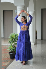 Thumbnail for Prazu Fashion Blue Georgette Bandhani Printed With Kutchi Patchework Navaratri Gown