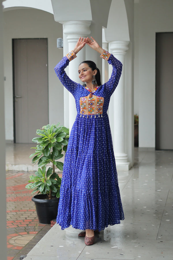 Prazu Fashion Blue Georgette Bandhani Printed With Kutchi Patchework Navaratri Gown