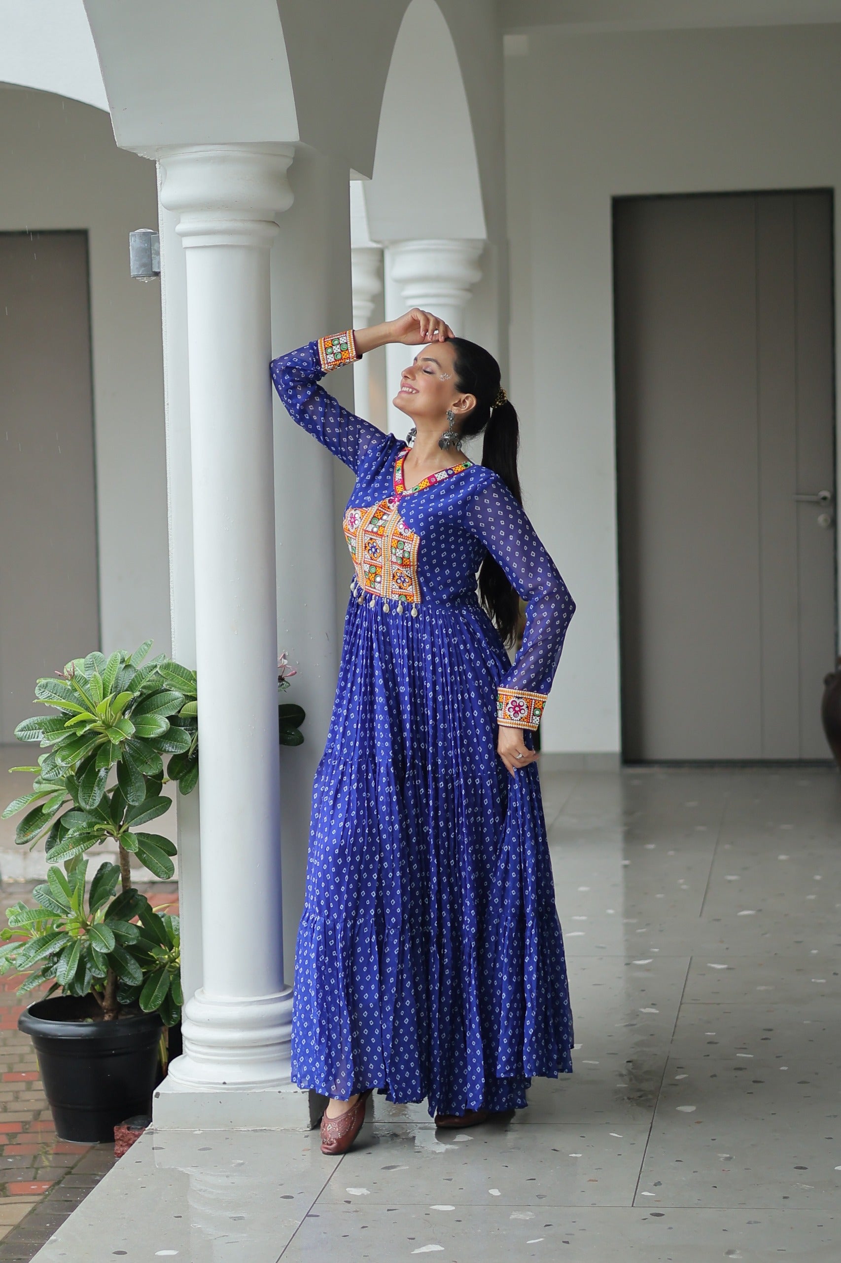 Prazu Fashion Blue Georgette Bandhani Printed With Kutchi Patchework Navaratri Gown