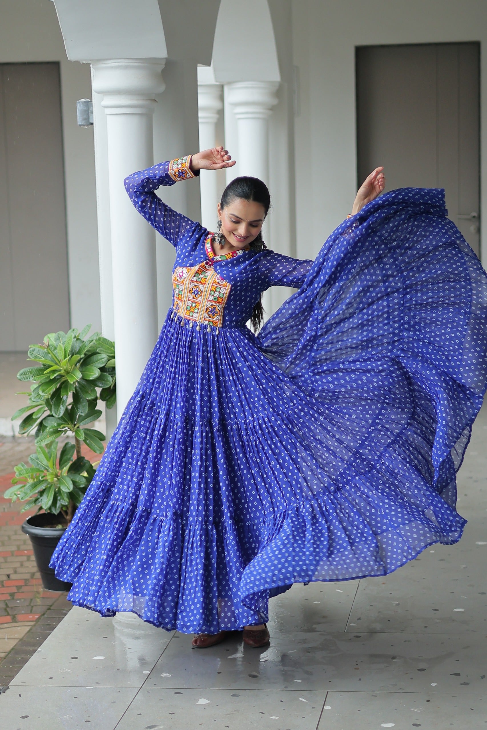 Prazu Fashion Blue Georgette Bandhani Printed With Kutchi Patchework Navaratri Gown