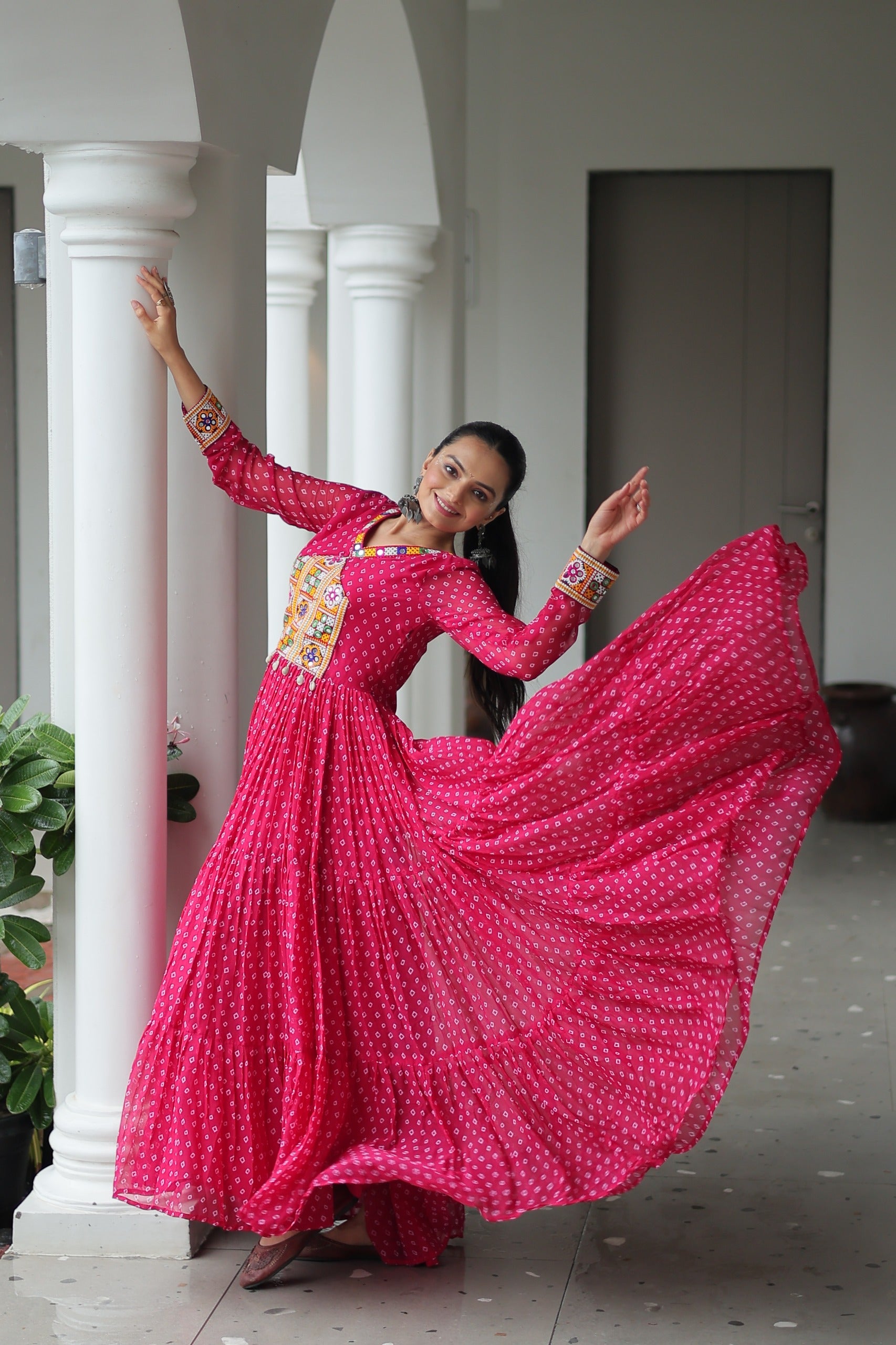 Prazu Fashion Pink Georgette Bandhani Printed With Kutchi Patchework Navaratri Gown