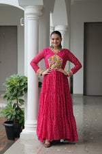 Thumbnail for Prazu Fashion Pink Georgette Bandhani Printed With Kutchi Patchework Navaratri Gown