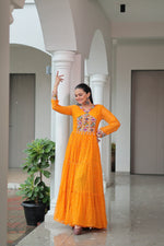 Thumbnail for Prazu Fashion Yellow Georgette Bandhani Printed With Kutchi Patchework Navaratri Gown