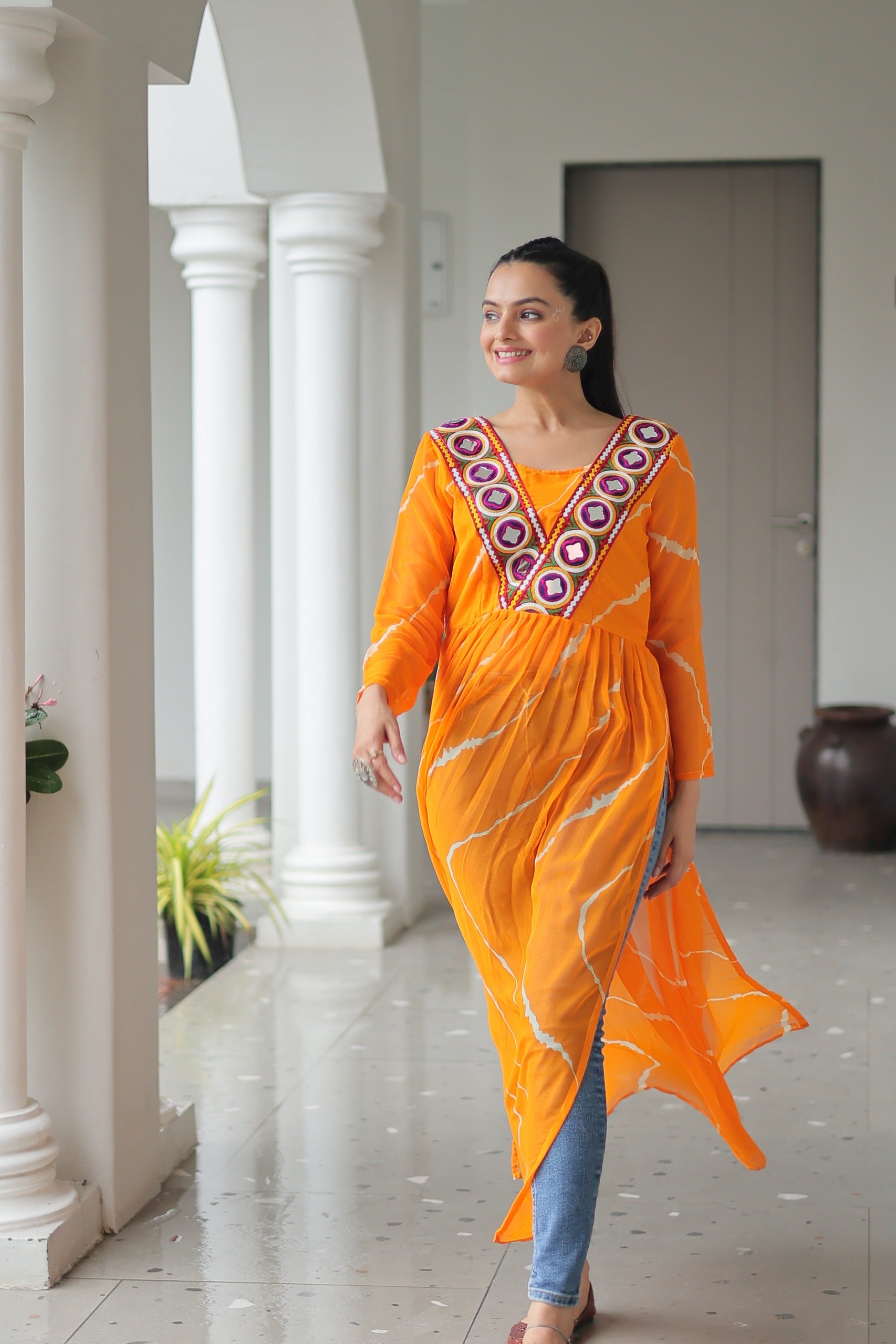 Prazu Fashion Yellow Georgette Leheriya Print Work With Kutchi Patchework Navaratri Gown