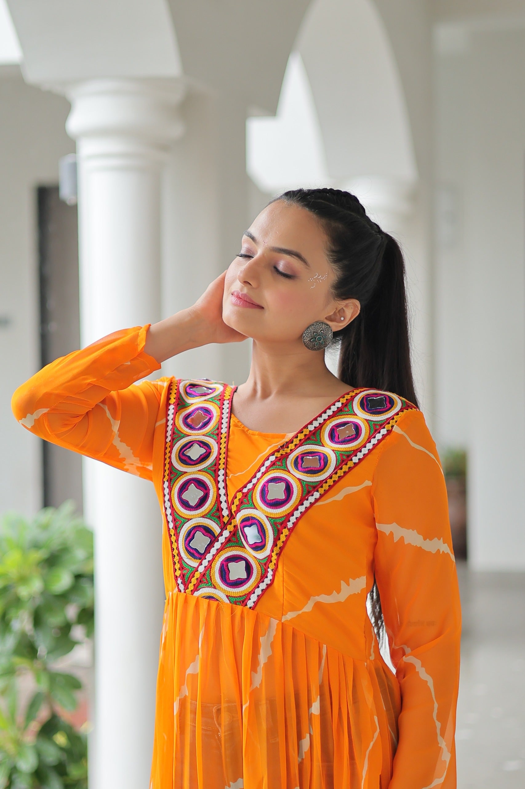 Prazu Fashion Yellow Georgette Leheriya Print Work With Kutchi Patchework Navaratri Gown